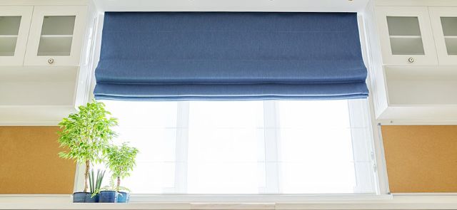 Blue Roman Shades In Kitchen Window