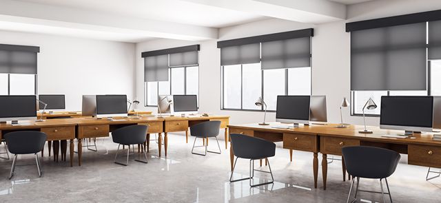 Office With Large Windows And Commerical Blinds