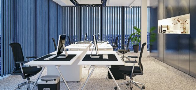 Conference Rooms With Large Table, Chairs, And Floor-To-Ceiling Windows With Vertical Blinds.