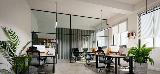 Large Office Space With Bright Windows And Blinds